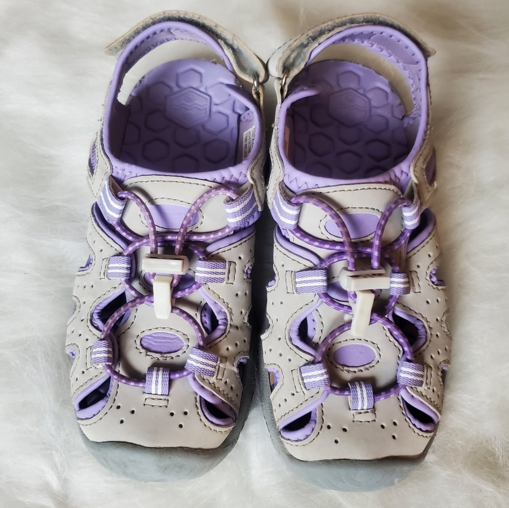 Khombu Girls Athletic Closed Toe Bungee Lace Sandals Gray & Purple Size 1 Kids - Picture 1 of 6